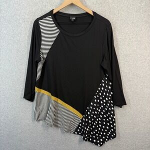 Lisa Bayne Womens Mixed Media Asymmetrical Top Black Stripe Polka Dot M RN159640